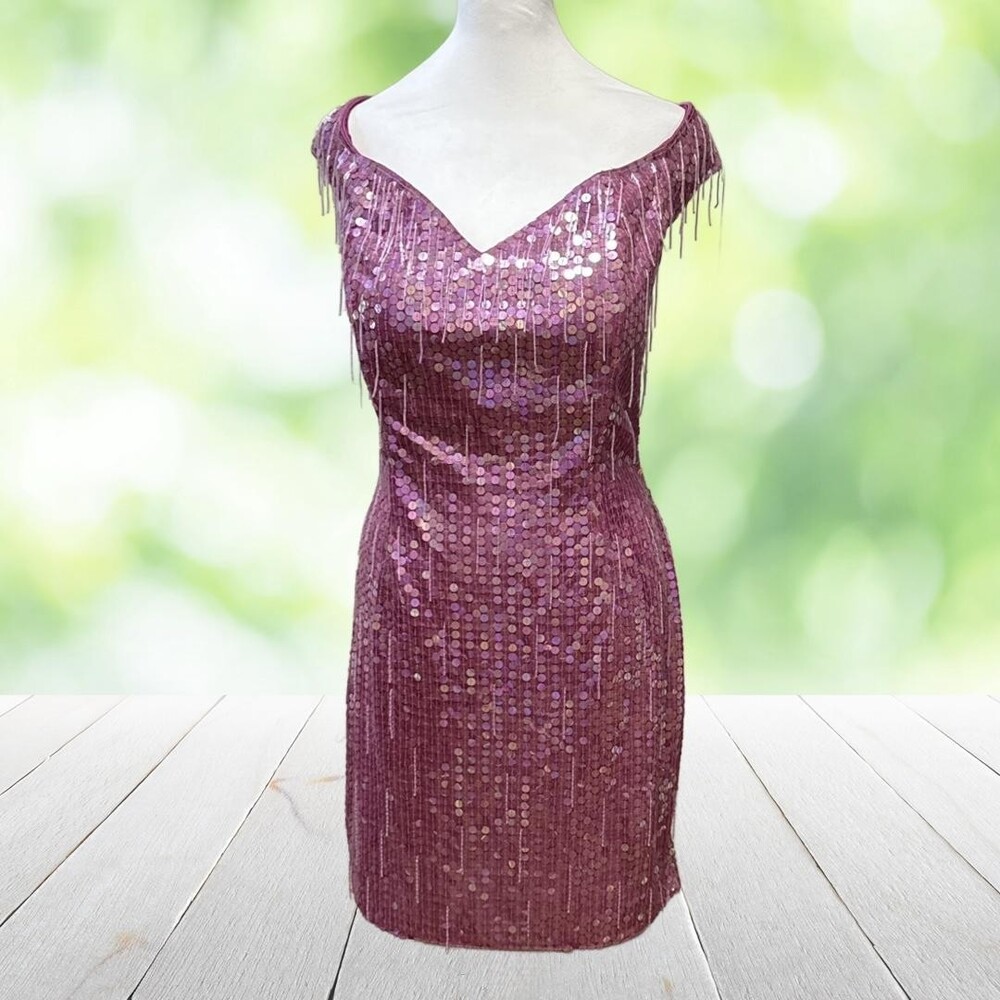 Vintage NADINE Hand Beaded Dress Pink Sequin Fringe Cocktail Club 90s Party Sz L